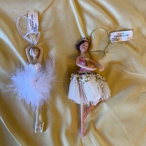 Two ballerina Christmas tree ornaments, Macy’s holiday Lane.